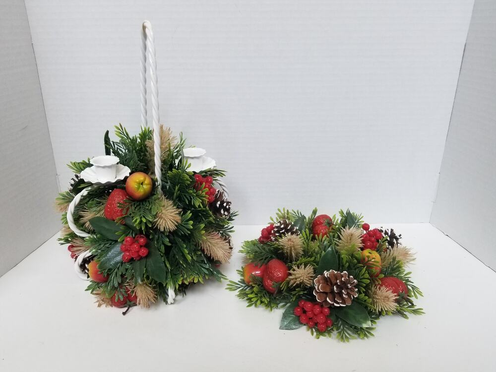 Vtg 70s Christmas Candle Ring Metal Holder Pinecones Strawberries Greenery MCM